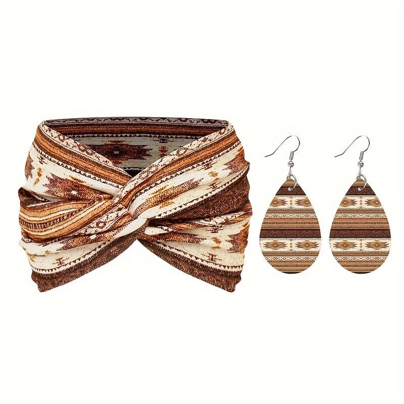 TEMU 2pcs/set 1 Headband Plus 1 Pair Of Earrings Autumn And Winter Style Set Bohemian Style Widened Printed Cross Women's Headband Women's Earrings Set Multiple Colors From Suitable For Daily Use