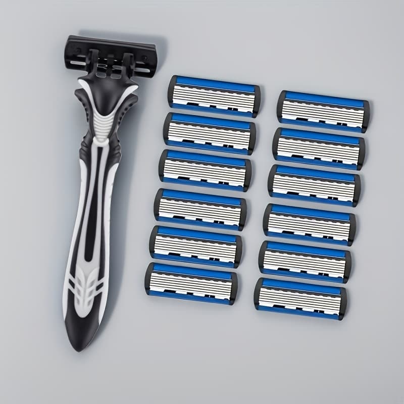 TEMU 1+12 Men's 6-level Manual Razor Set, Black And White Handle - Stainless Steel , Ergonomic Grip, Suitable For Shaving Beards And Mustaches, Includes 12 Razors