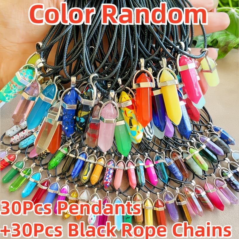TEMU 30pcs Fashion Natural Crystal Hexagonal Pillar Random Necklace Pendant With Black Rope Chains Set, Perfect For Holiday Gift Gift, Wear | Random Colors