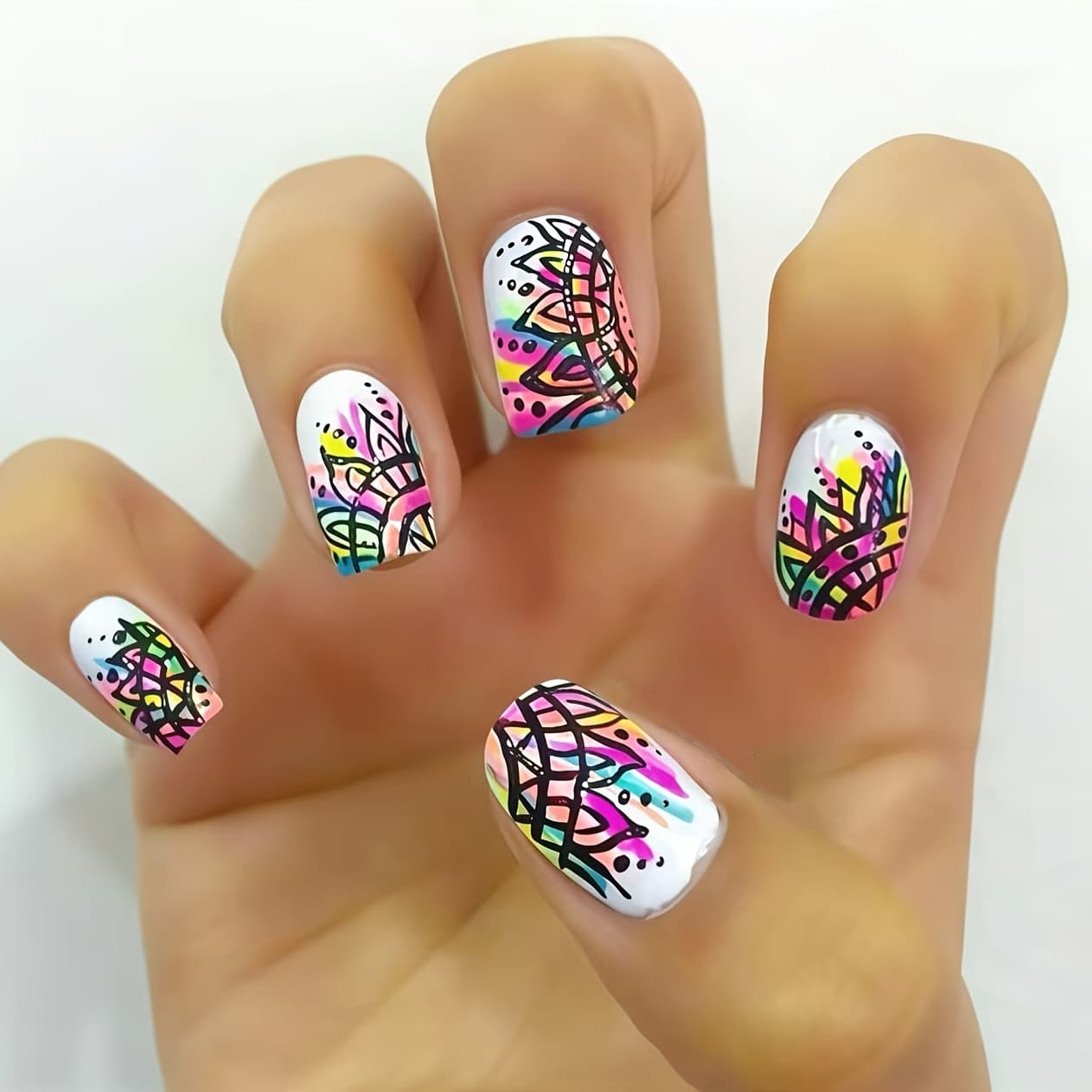 TEMU 24pcs Of New-style Girly Candy-colored Graffiti Press-on Nails With Colorful Sequins, Ombre, And Hand-painted Designs. Short Square-headed, Cute Cartoon Fake Nails, Reusable Nail Art Pieces