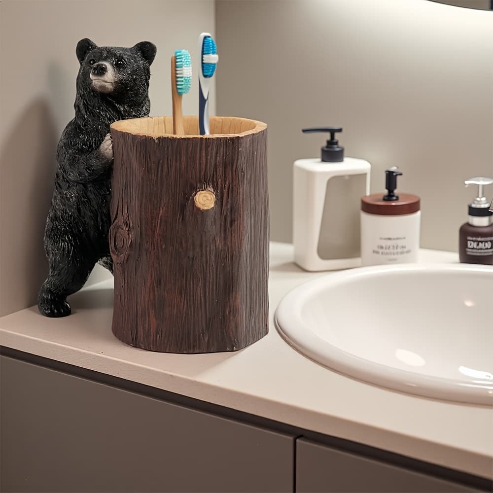 TEMU Adorable Bear-themed Toothbrush Holder, Single Piece Storage Rack For Toothbrushes And Toothpaste, Handmade Resin Organizer For The Bathroom Countertop