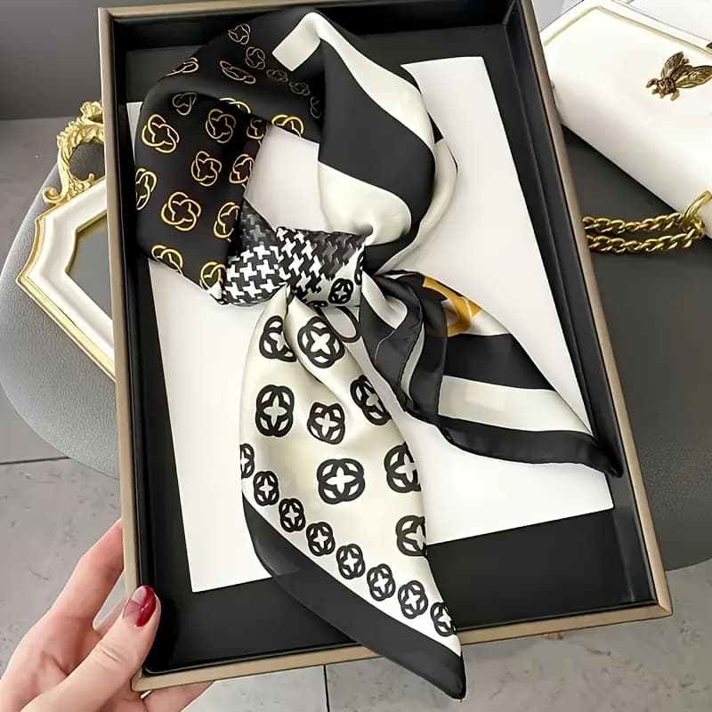 TEMU 27.5 Inch Black And White Geometric Scarf - Breathable Polyester, Vintage Style Multifunctional Women's Shawl For Weekend Casual Wear | Retro Style Scarf | Polyester Hair Wrap Suitable For All