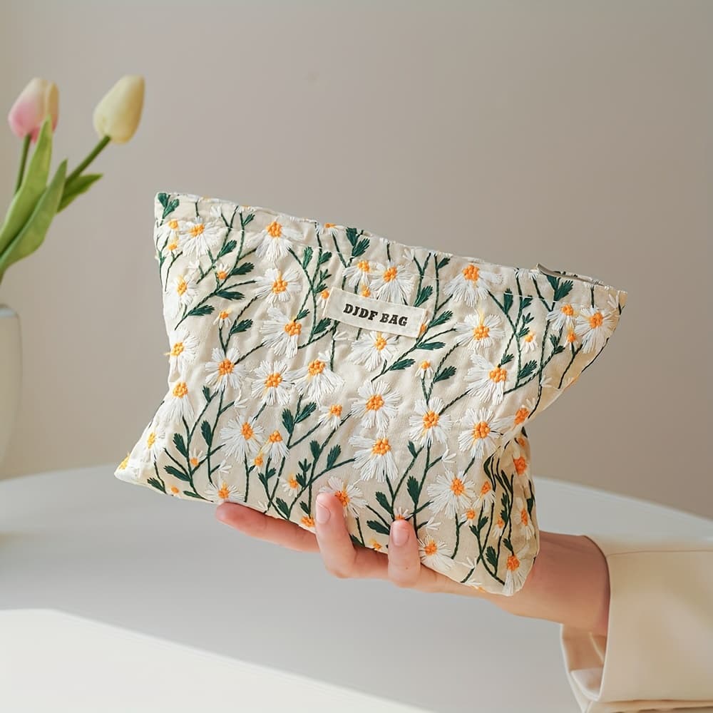 TEMU Portable And Spacious Toiletry Bag, Stylish Makeup Pouch For Travel, High-quality Storage Bag With An Attractive Inner Lining, Embroidered Cosmetic Organizer.