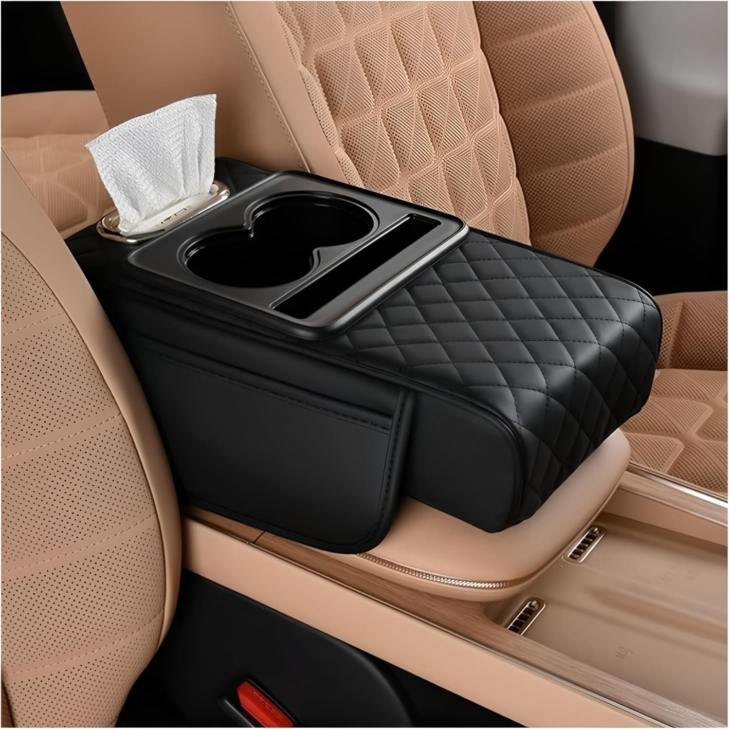 TEMU Multi-functional Car Center Console Organizer - With Cup Holder, Phone Stand & Tissue Rack, Dual-side Storage For Car Interior & Floor Console