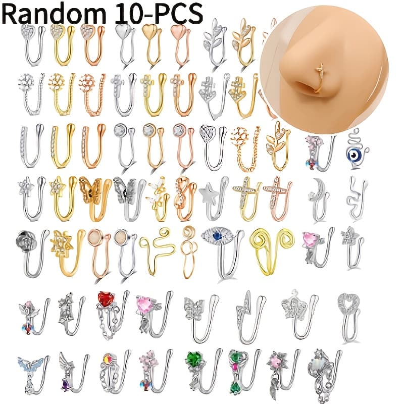 TEMU Random 10pcs Sexy Nose Clips For Women U-shaped Copper Style With Zirconia Inlay Non-pierced Clip-on Design Shapes Ideal For Daily Wear, Vacation & Gifting