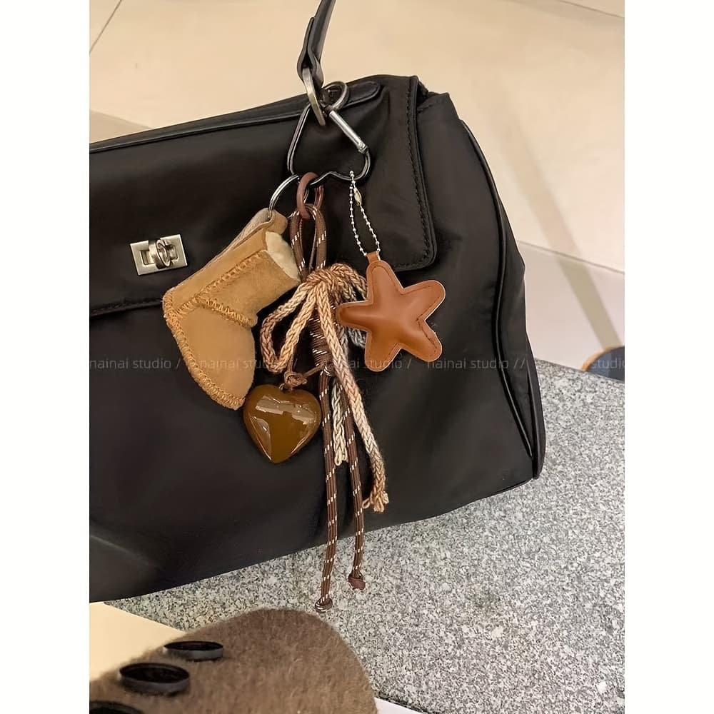 TEMU 1pc Mini Snow Boot Keychain & Bag Charm Brown Heart And Star Hand-woven Cord Bag Decoration