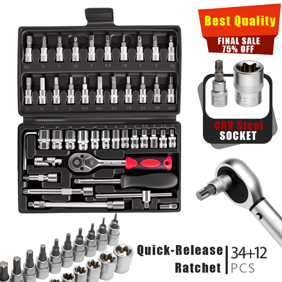 TEMU 34/34+12pcs 3/8'' Drive Torx Star Bit Sockets E-socket Set, E4, T10-60, Tamper Tt10-, 5/16"f To 3/8"m Adapter With Storage Case,s2 Steel, Ideal For Car,trucks,home Improvement