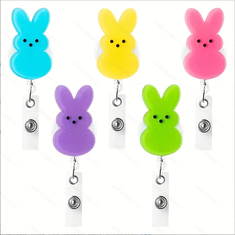TEMU 2d 5pcs Easter Bunny Badge Reel, Retractable Id Holder With Alligator Clip, Cute Holiday Badge Reel, Suitable For Nurses And Office Workers