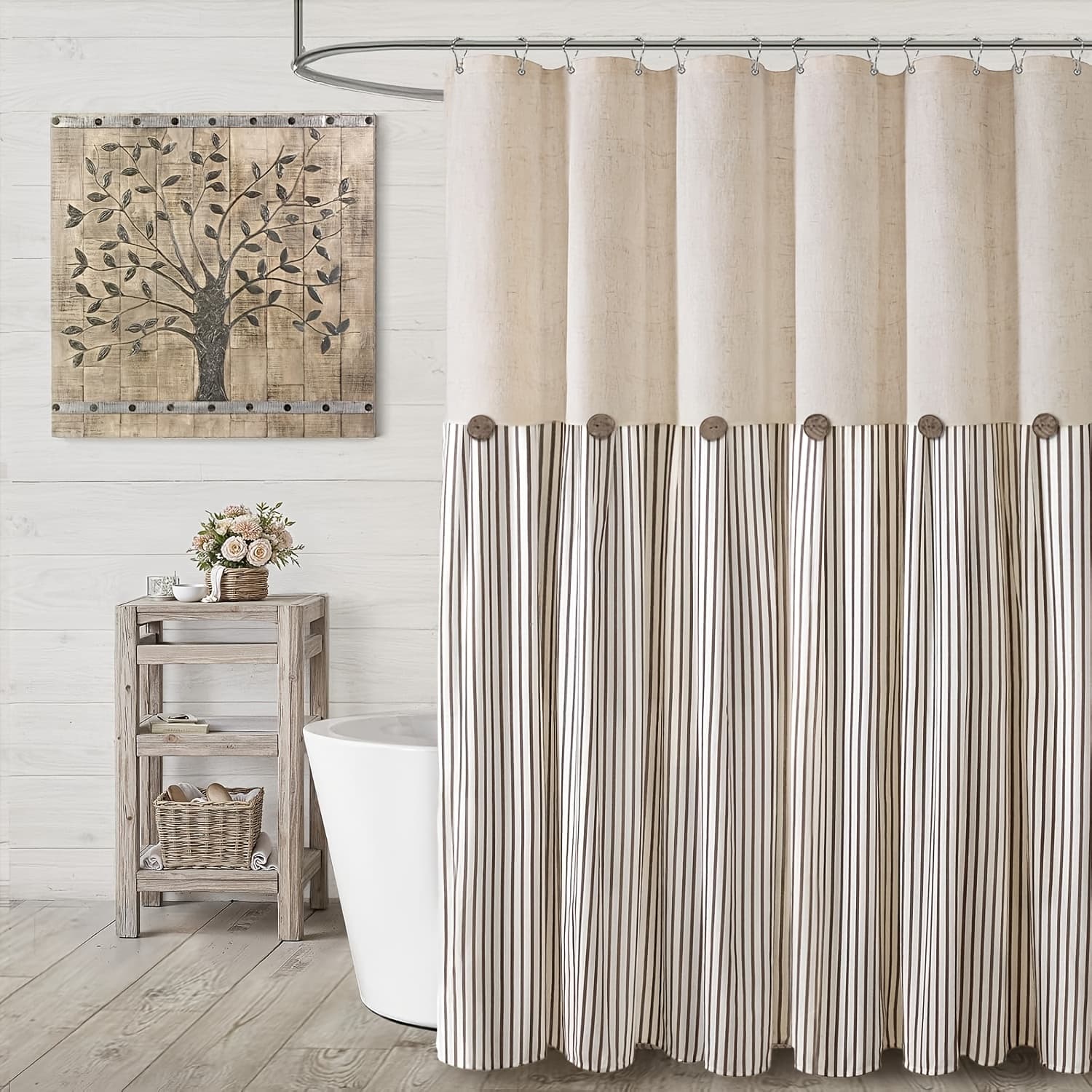 TEMU 1pc Linen Button Summer With 12 Hooks Shower Curtain For Bathrooms Quick Drying Machine Washable Home Bathroom Decor Shower Curtain Sets For Bathroom
