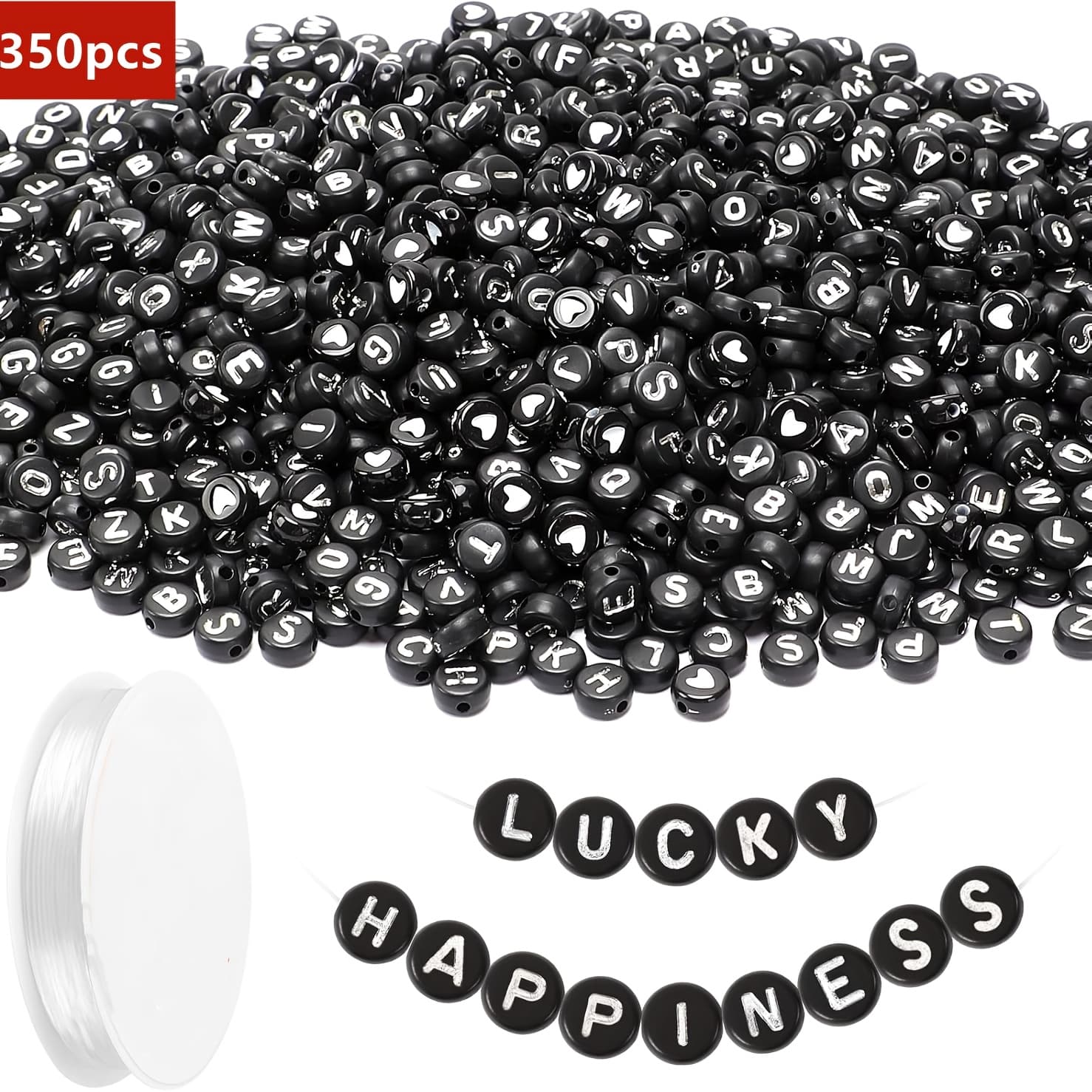 TEMU 350pcs Letter Beads, Acrylic Alphabet Beads With 1 Roll Elastic String For Bracelet Necklace Jewelry Making Supplies (black White)