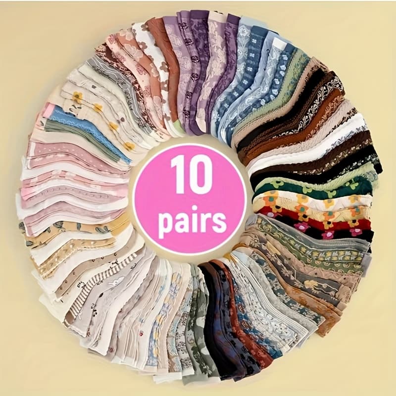 TEMU 10 Pairs Random Women's Socks Embossed Vintage Small Floral Women's Socks All-match Breathable Invisible Comfortable Spring Summer Travel Camping Picnic
