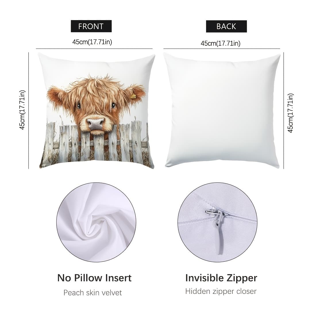 TEMU 1pc Rustic Scottish Highland Cow Pillowcase - Adorable Farmhouse Cow Print Bedspread Compatible, Zippered Suitable For Sofa/bed, Machine Washable Decorative Accent (no Insert)