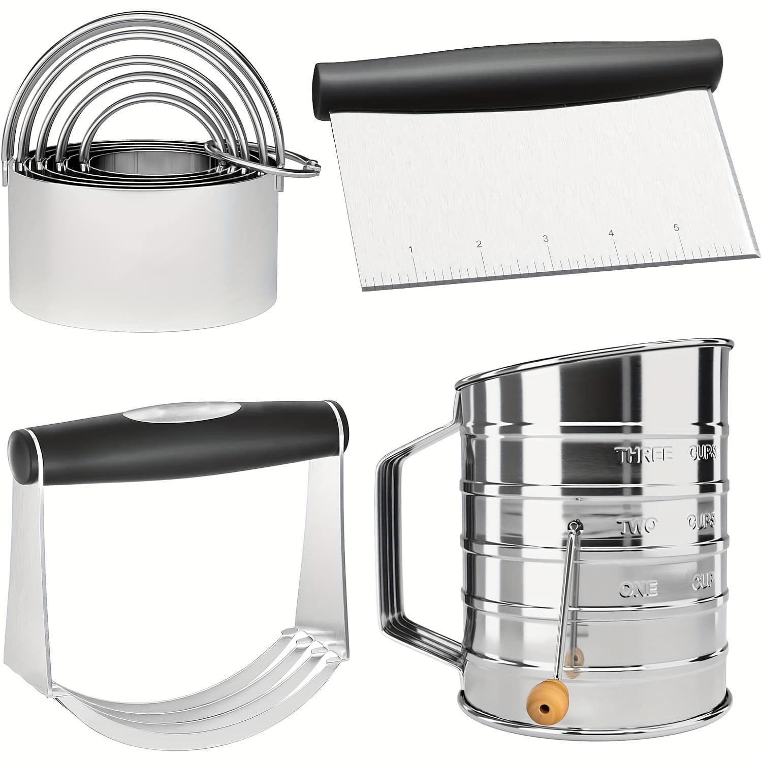 TEMU Pastry Cutter, Dough Blender, 3 Cup Flour Sifter And Biscuit Cutter, Stainless Steel Dough Cutter, Professional Baking Dough Tools For Cooking And Donuts(4pcs/set)