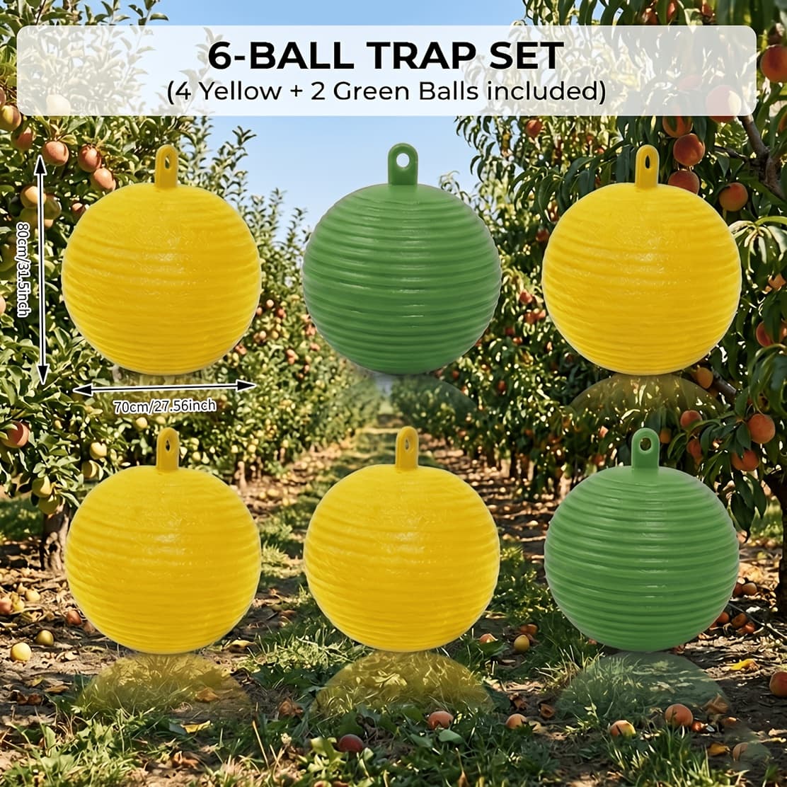 TEMU 6-pack Fly Traps For Garden, Large 8cm Dual-color (yellow & Green) Heavy-duty Insect Catcher Balls, Rainproof & Non-toxic Physical Pest Control For & Veggies