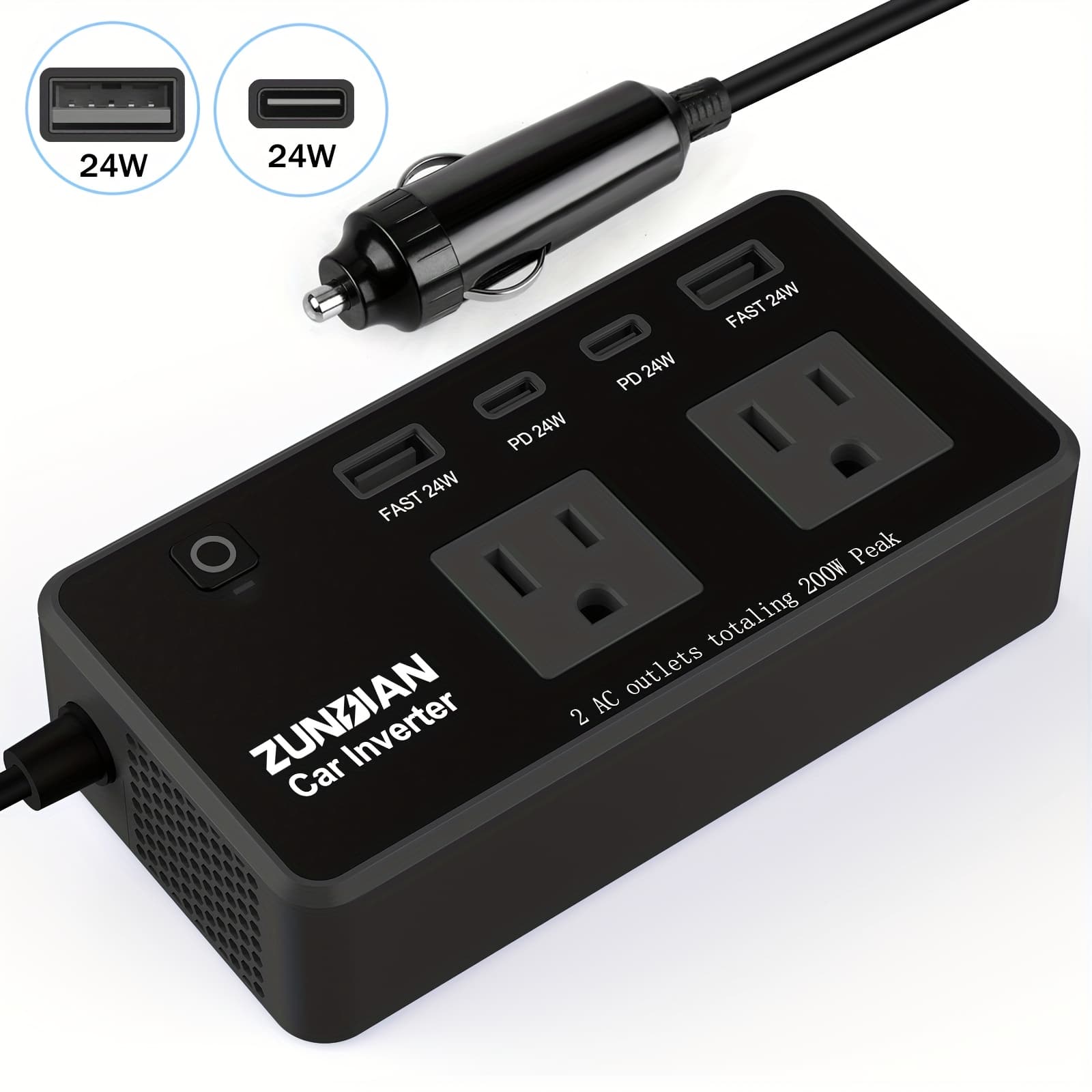 TEMU 200w Vehicle Power Inverter, Converts 12v To 110v Ac, Car Plug Adapter, Includes Pd 24w/qc 24w Fast Charging, Suitable For Cars, Office Use, Camping, And Road Trips