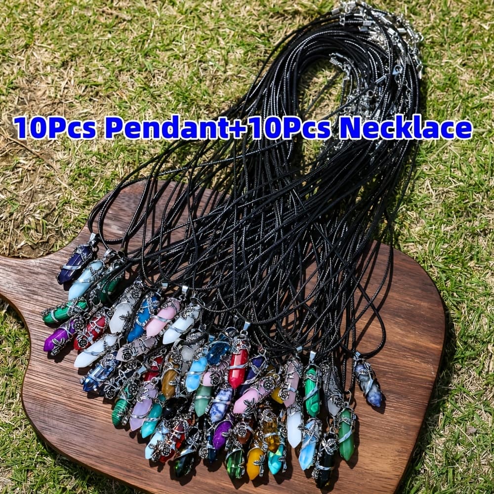 TEMU 20pcs Natural Stone Hexagonal Column Shaped Wrapped Flowers Pendants Necklace Set, 10pcs Hexagonal Column With 10pcs Rope For Diy Necklace Jewelry Craft Making, Leisure Accessories &