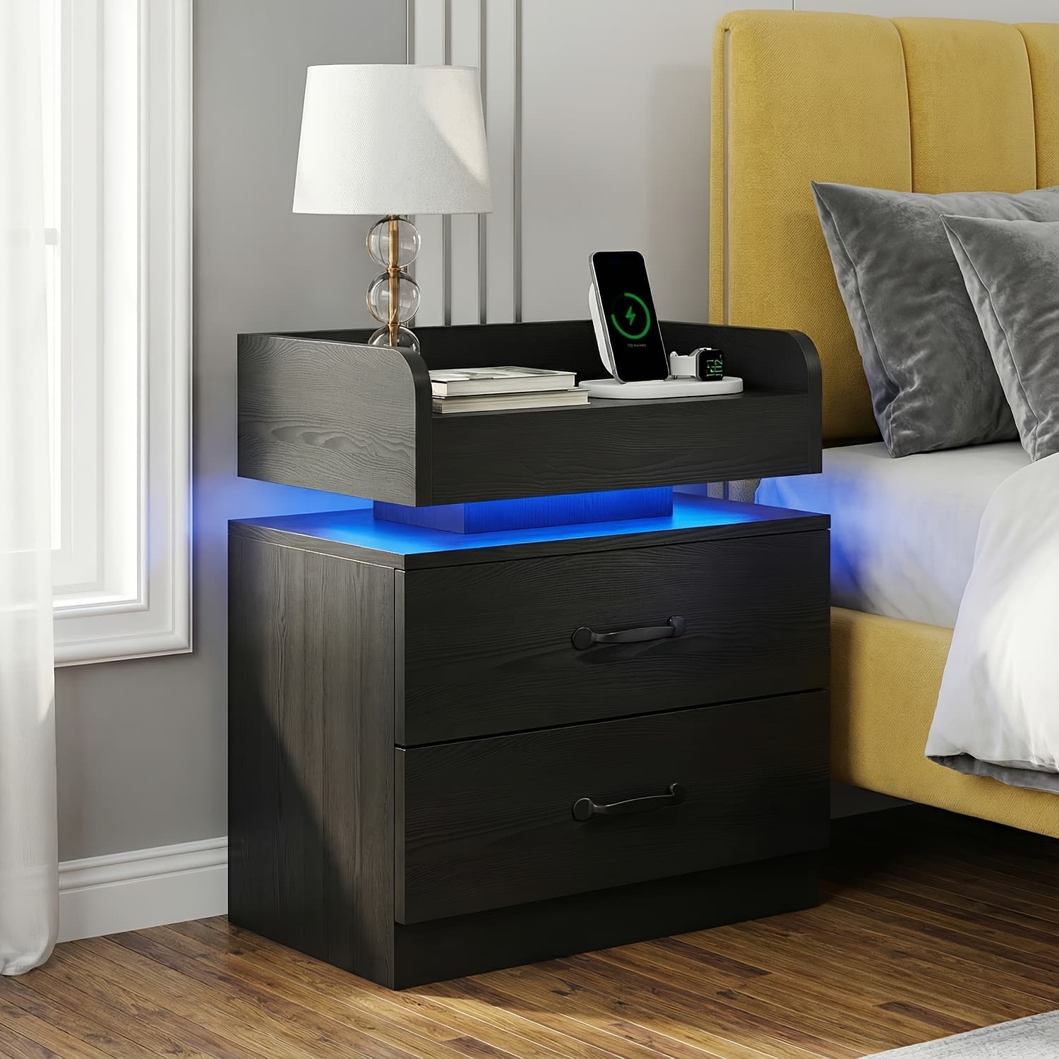 TEMU 1pc/2pcs Nightstand With Charging Station, Night Stand With Led Lights, Modern Led End Table Nightstand For Bedroom, Bedside Wooden Table Drawers, Bed Side Table With Storage For Living Room,