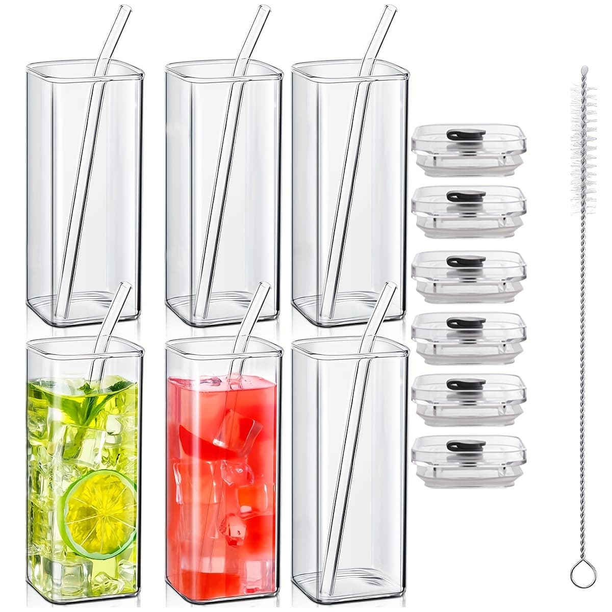 TEMU 4/6pcs Square Glasses With Lids And Straws, 13oz Capacity Cute Coffee Mugs, Colorful Juices, Ice Cubes, Iced Tea, Afternoon Tea, Office Drinkware, Christian Dinner, Free Cleaning Brush!