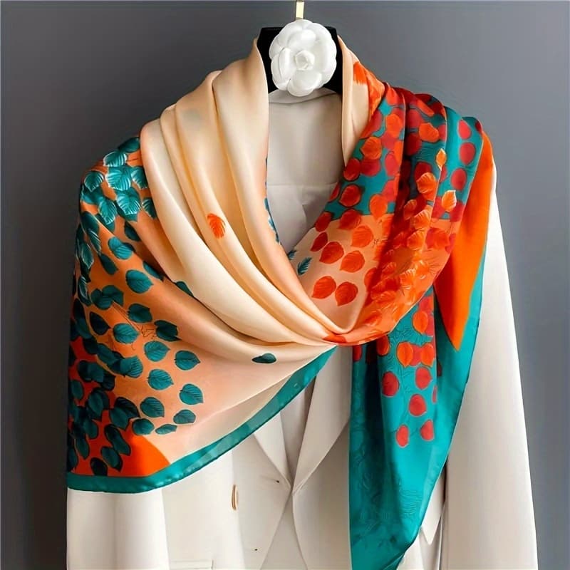 TEMU Elegant Vintage Leaf Square Scarf - Durable, Versatile, Perfect For Stylish