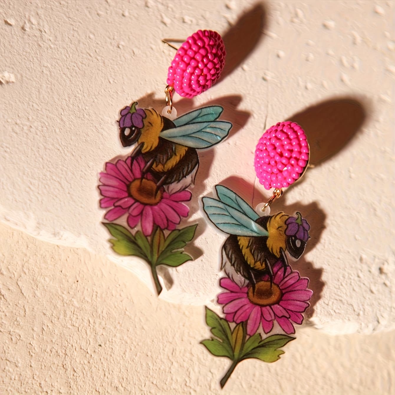 TEMU Handmade Seed Bead Earrings Suitable For Women & - Cute Animal-themed Dangle Earrings With Bee & Botanical Resin Beads, Vacation/party/daily Wear, Easter Gift For Beekeeper Or Lovers