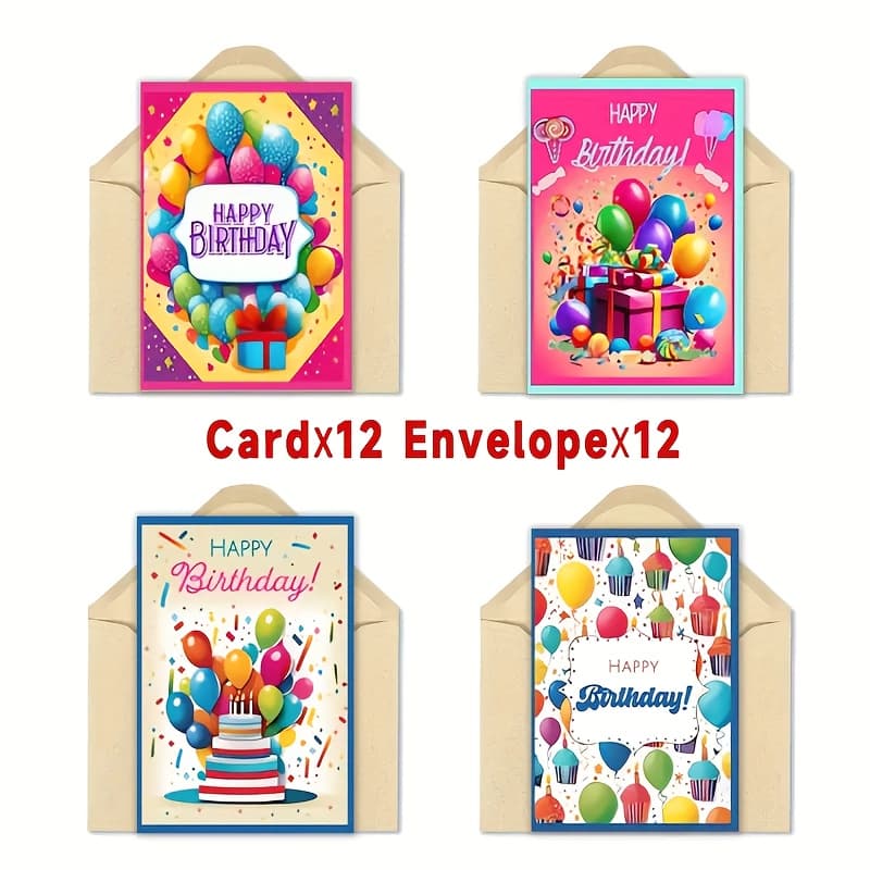 TEMU 24 Pack Birthday Greeting Cards With Envelopes - Assorted Fun Cartoon Balloons And Gift Designs, Blank Inside, Material For Family, Friend, - Festive Cards For Christmas And New Year
