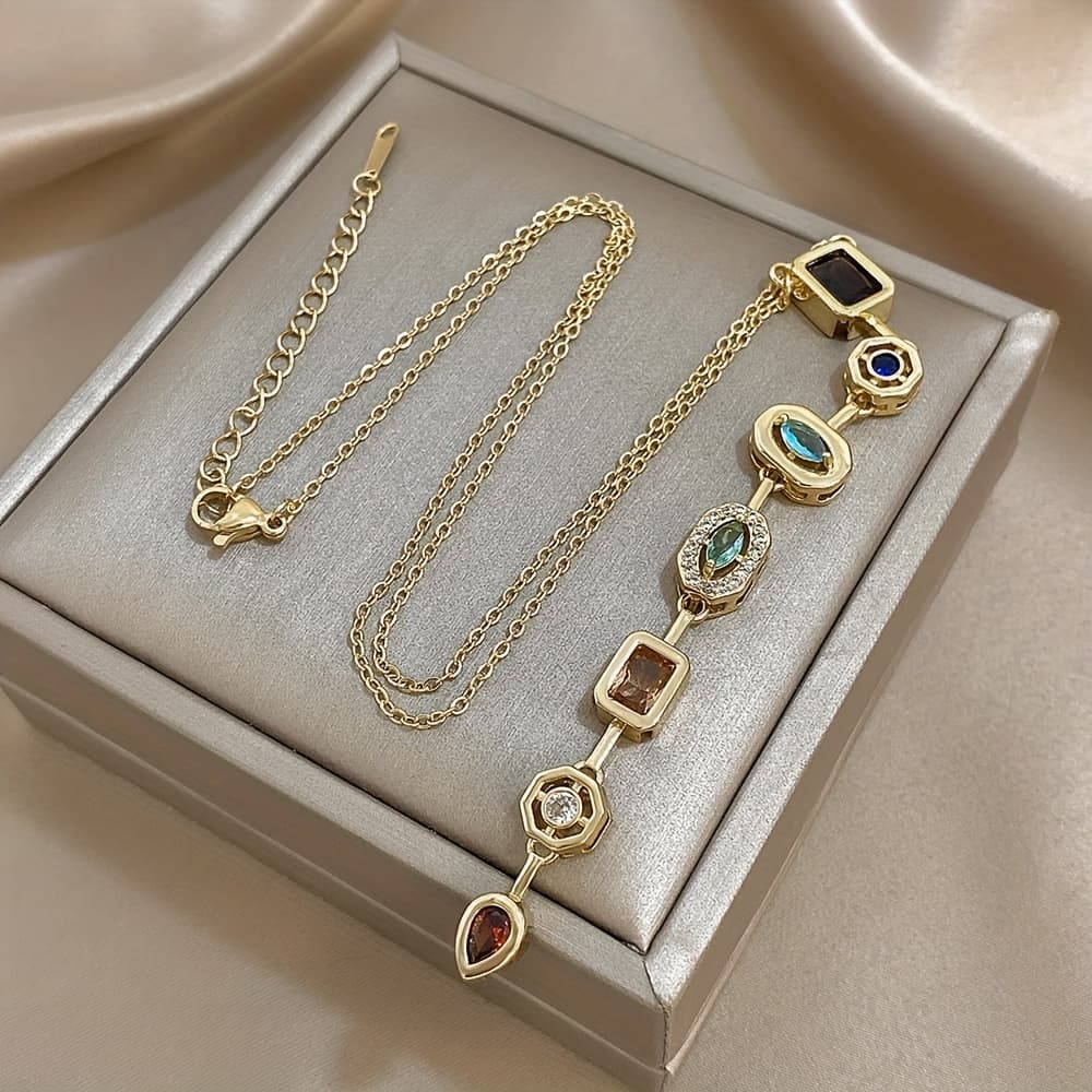 TEMU A Stylish Long Pendant Necklace In , Embellished With Vibrant Cubic Zirconia - Perfect For Celebrations, Formal Events, And Gifting, Ideal For Everyday Use Or . Jewelry For Parties |