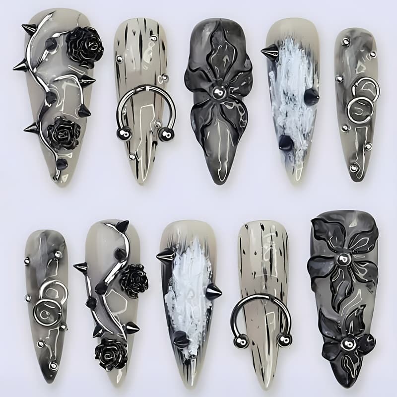TEMU 24pcs Long Stiletto Press On Nails Xxl/xxxl Goth Black Nails Tips Black Line Art Design Punk Style Glossy Full Cover For Women Fake Nails Daily Wear