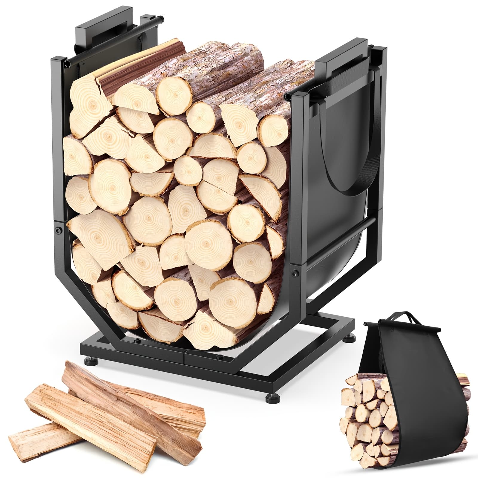 TEMU Firewood Rack, Indoor/outdoor Firewood Holder With Firewood Carrier Bag, Thickened Metal Fireplace Log Holder With Adjustable Feet, Black