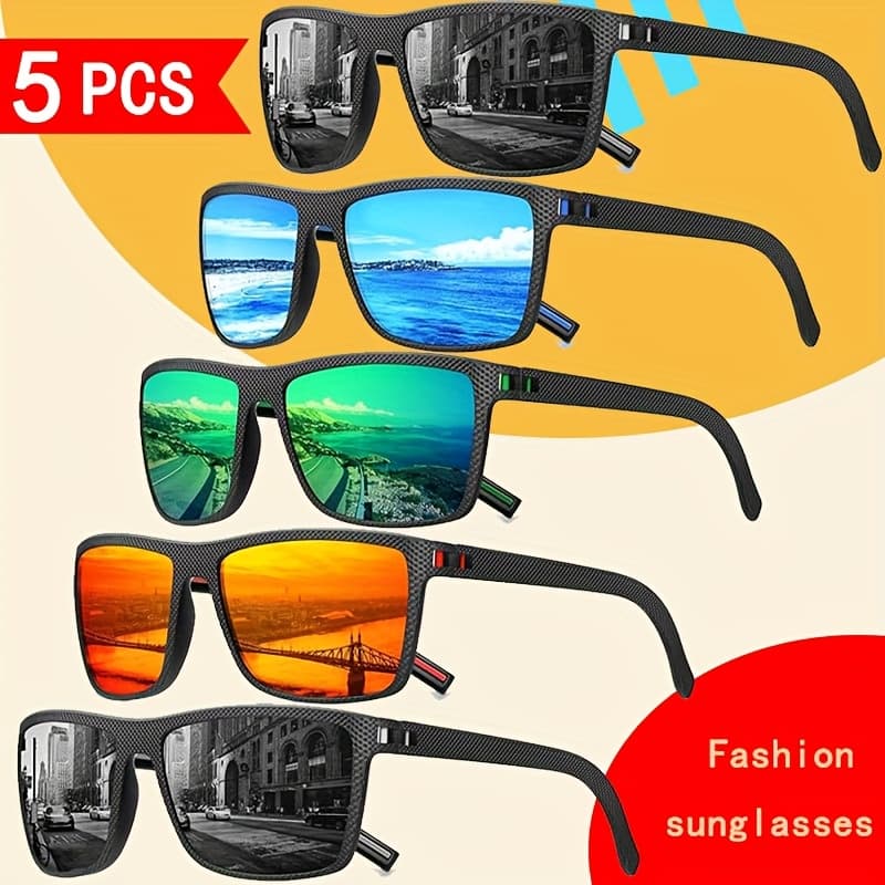 TEMU 5pcs Unisex Fashion Fashion Glasses, Classic Square , High-definition Tac Material Colorful Coating, Perfect For Summer Family Daily Protection.