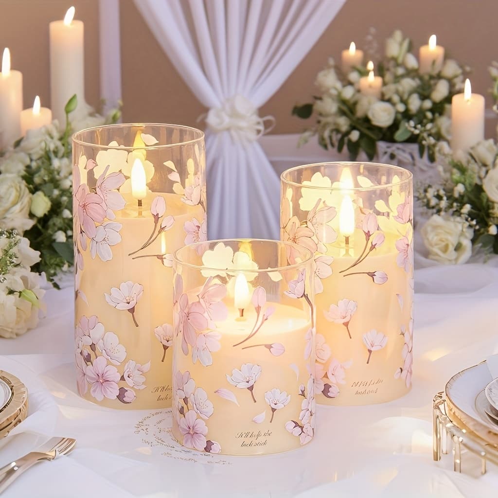TEMU Floral Battery Operated Candle Set With Remote And Timer - Perfect For Or Valentine's Day Decorations, Suitable For Christmas, Wedding, Bar, Coffee Salon, And Store Displays