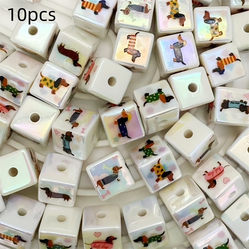 TEMU 16mm Acrylic Square Beads - 4 Sides Cute Dachshund Cartoon Pattern With Coating, Straight Hole Handmade Materials, Handmade Jewelry & Shoe Decoration Accessories For Pet Lovers