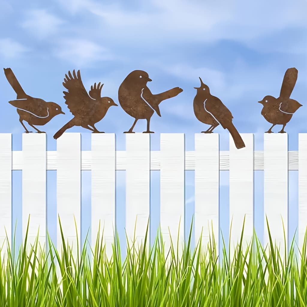 TEMU 5pcs Vintage Rusty Bird Gardening Decor - Realistic Finch And Sparrow Garden Decor, Fence Decoration For Outdoor Space, For Gift, Outdoor Decor | | Durable Metal Wrought Iron Decor