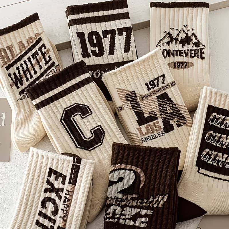 TEMU 5 Pairs Of Retro Graffiti Crew Socks For - Breathable, Comfortable Casual Socks With Vintage Lettering & Designs, Outdoor Activities, Cute Socks