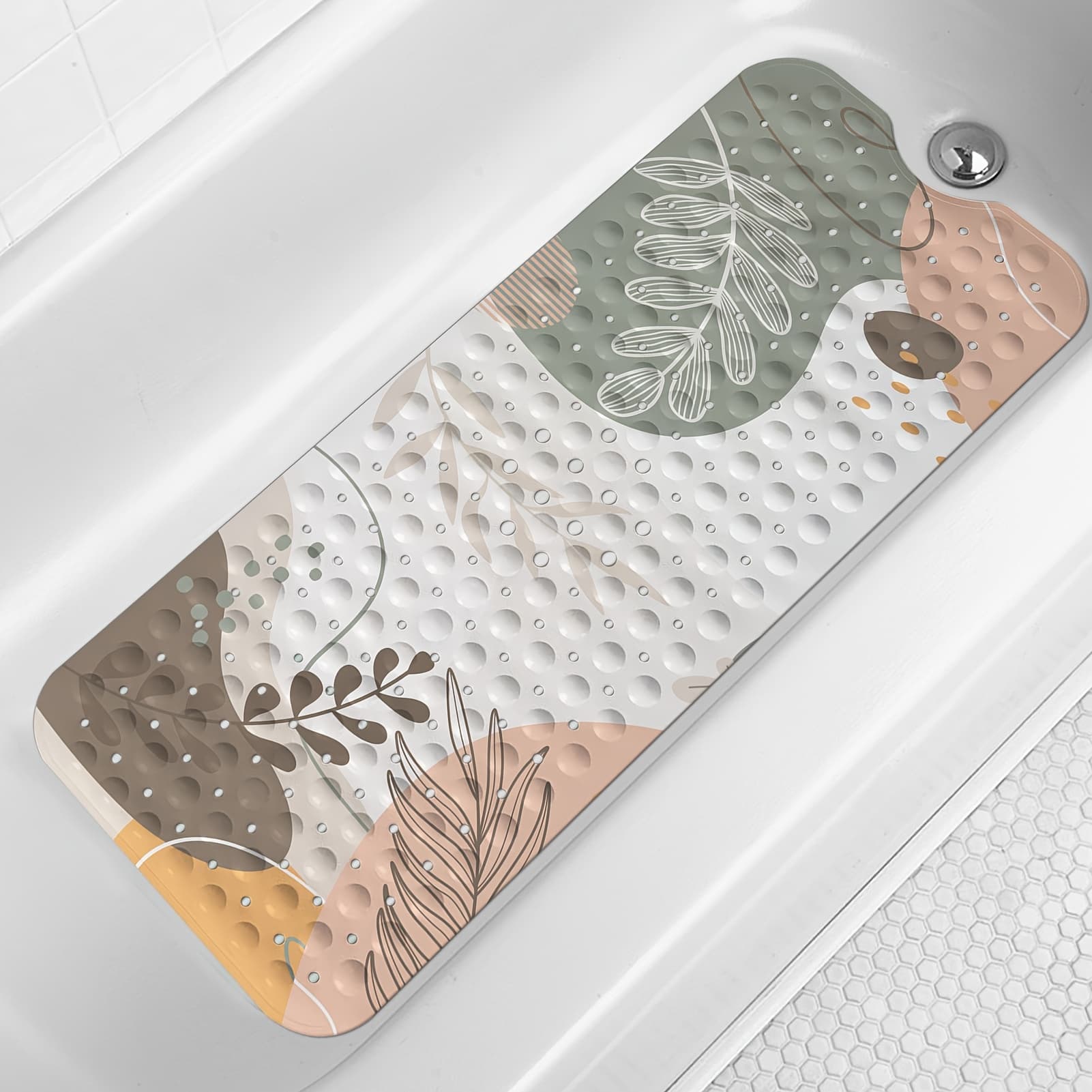 TEMU Bathtub Mat Non Slip, Boho Extra Long 40 X 16 Inch Anti Slip Mat For Bathtub, Bohemia Shower Mat With Drain Holes And Suction Cups, Machine Washable