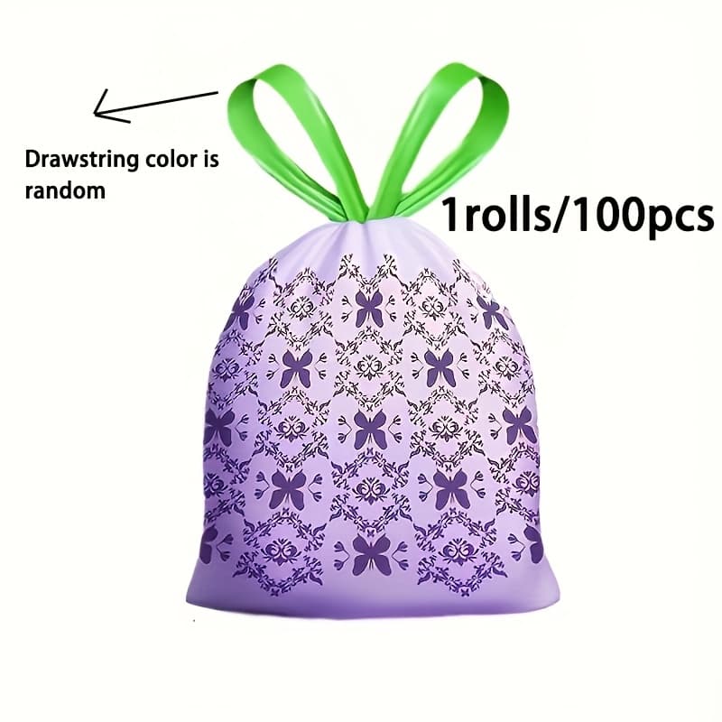TEMU 1 Roll Of 100 Lavender-scented Drawstring Trash Bags, Thick And Large, High-density Polyethylene Disposable Bags, Suitable For Kitchens, Bathrooms, Bedrooms, Living Rooms And Toilets