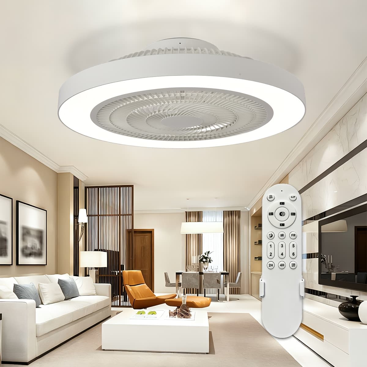 TEMU Modern Ceiling Fan With Light: 19" Enclosed Flush Mount Low Profile Led Ceiling Fans With Timming & Remote - Bladeless Dimmable Quiet Motor For Bedroom Room 6 , 3000-6000k, White, Black