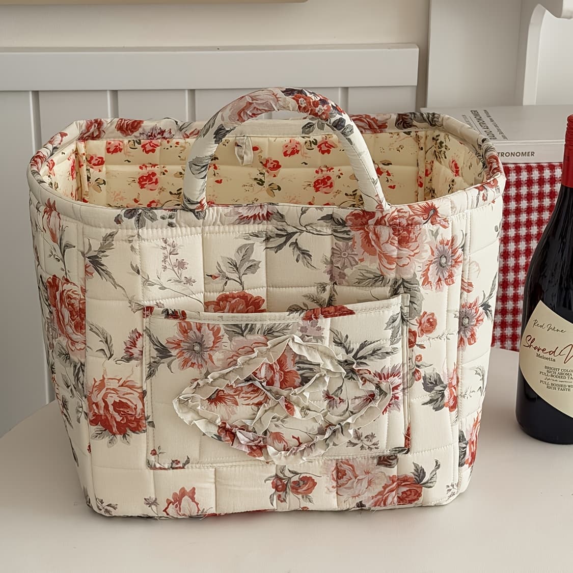 TEMU Large Floral Series [storage Basket] Vintage Quilted Floral Portable Large-capacity Home Storage Basket Suitable For , Shelf Baskets