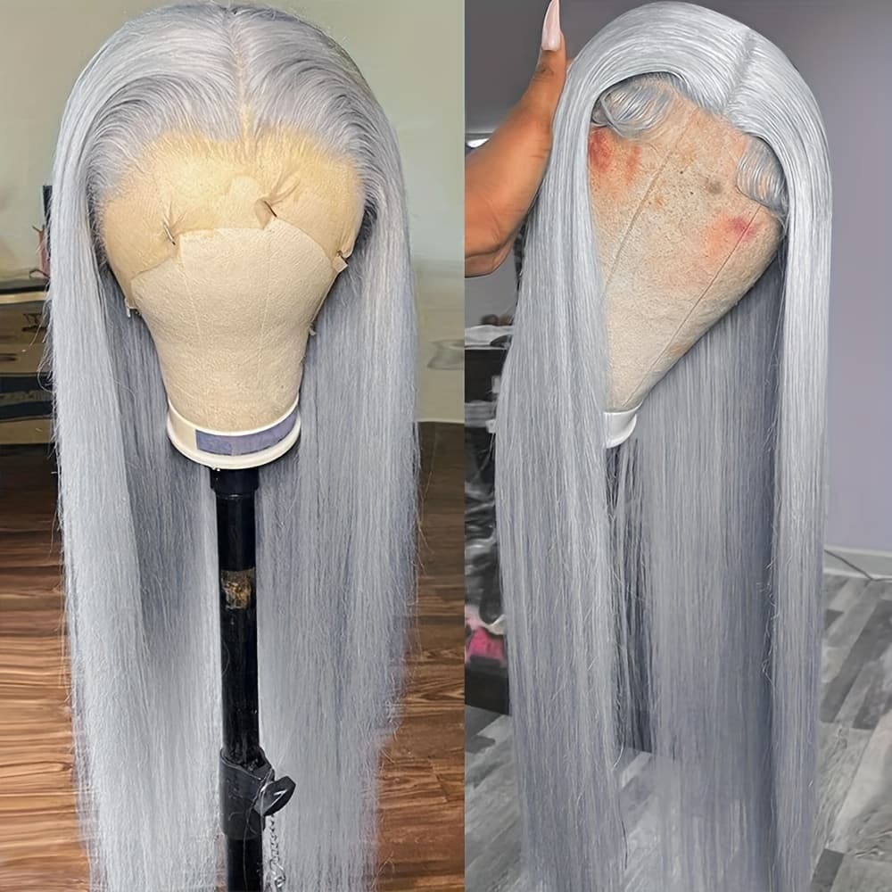 TEMU 13*4 Inch Lace Front Wigs For Women Gray 26 Inch Synthetic Heat Resistant Fiber Preplucked Hairline Glueless Lace Front Wigs For Daily Use