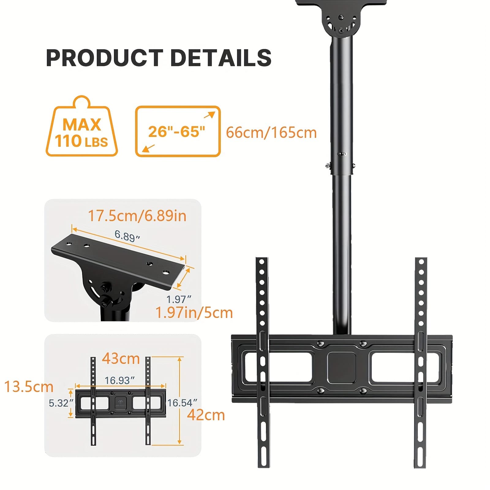 TEMU Black Ceiling Tv Mount For 37-75/26-65inch Flat Or Curved Tvs, 99lb/110lb Load Capacity, Adjustable Bracket With Swivel And Tilt, Max Vesa 600x400mm/400x400mm