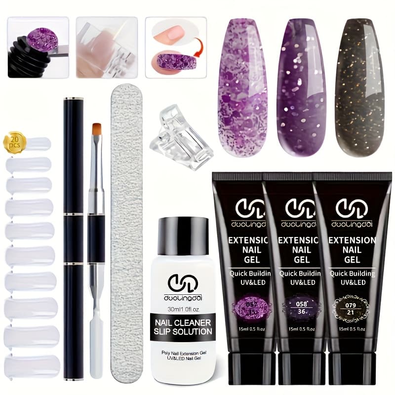 TEMU Poly Extension Gel Nail Kit - Purple Builder Gel, Dual-ended Brush, Dual Forms For Polygel Nail Art, Diy Beginner Kit