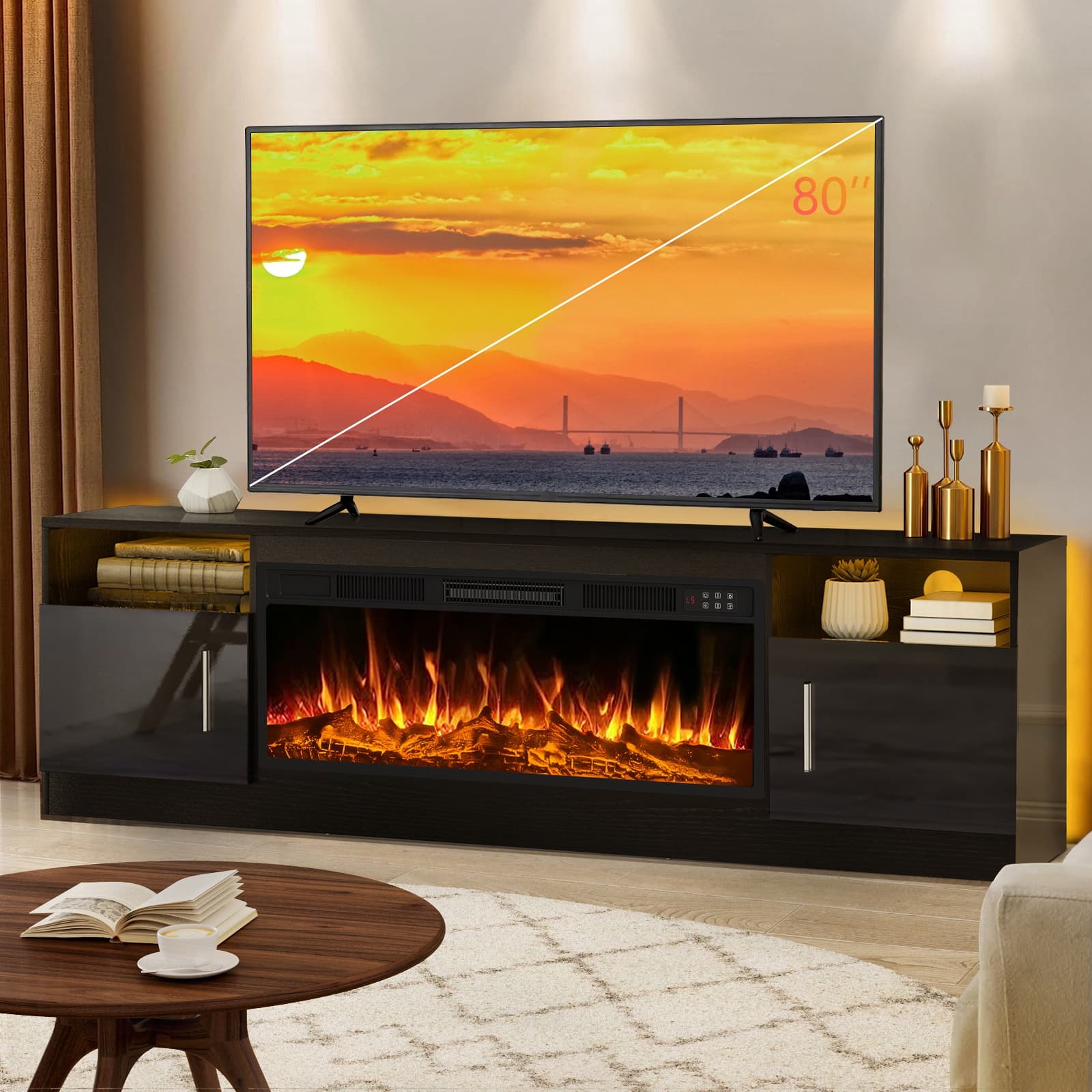 TEMU 70" Fireplace Tv Stand With 36 Inch Fireplace Up To 80" Tvs, Led Light Entertainment Center And Storage, 70"modern Wood Media With Highlight Cabinet For Living Room