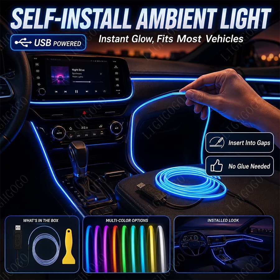 TEMU 8- Interior Led Light Strip Music/buttons/app, Remote Control El Fiber Flexible Ambient Lighting Usb Rgb Neon Dashboard Center, Without Battery