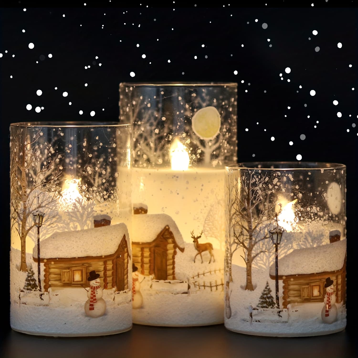 TEMU Snowman Glass Flameless Candles Battery Operated With Remote And Timer Real Wax Led Flickering Pillar Candles White Cold Light Window Christmas Holiday Decor 4", 5", 6"