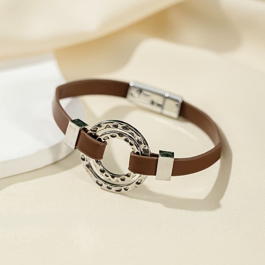 TEMU Vintage Circle Leather Double Layer Bohemian Style Wristband - Unique Alloy Fashion Accessory For Women With Personalized Gift Idea For Daily