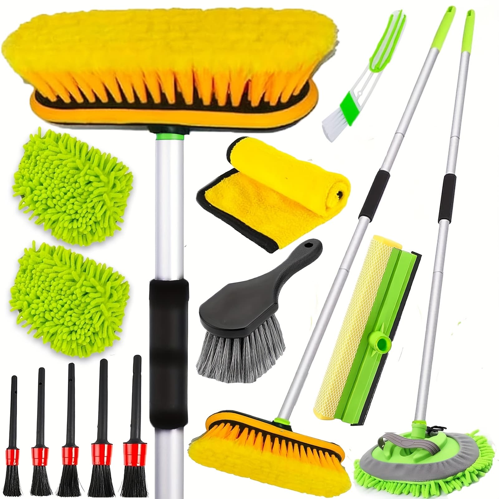 TEMU 62'' Long Handle Car Wash Brush Kit Car Wash Kit With Tire Brush, Tower, Window Squeegee, Chenille Microfiber, Car Detailing Brushes, Car Cleaning Brush Kit Supplies For Car, Truck, Suv, Rv