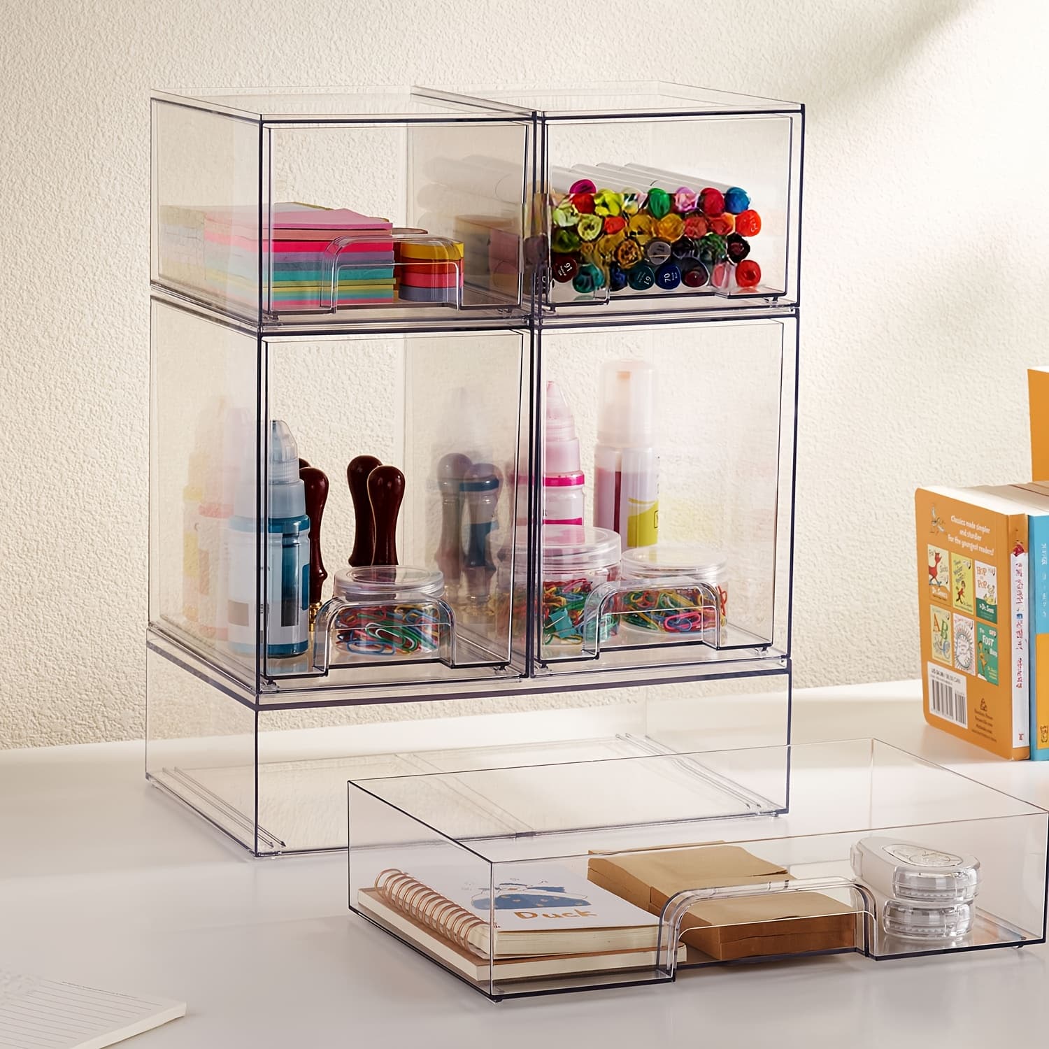 TEMU Clear Stackable Plastic Organizer Bins For Makeup, Cosmetics & Beauty Supplies, Great For Vanity, Bathroom, Cabinet & Pantry Storage, Desk & Drawer Organizer For Home Storage