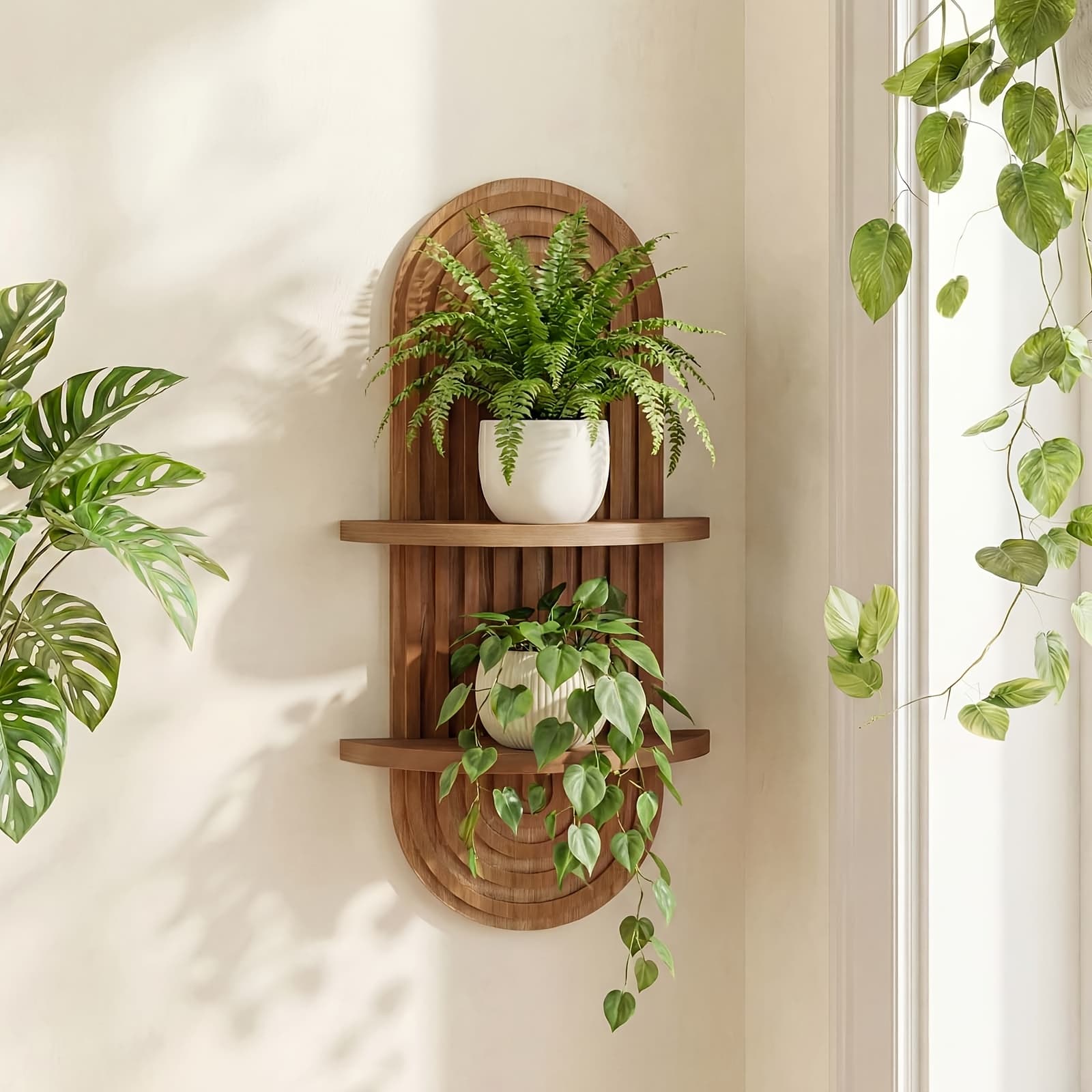 TEMU Plant Shelf Mid-century Modern 1- 2-tier 15in Brown Wood Floating Shelves Wall Planter Holder & Boho Decor Hanging
