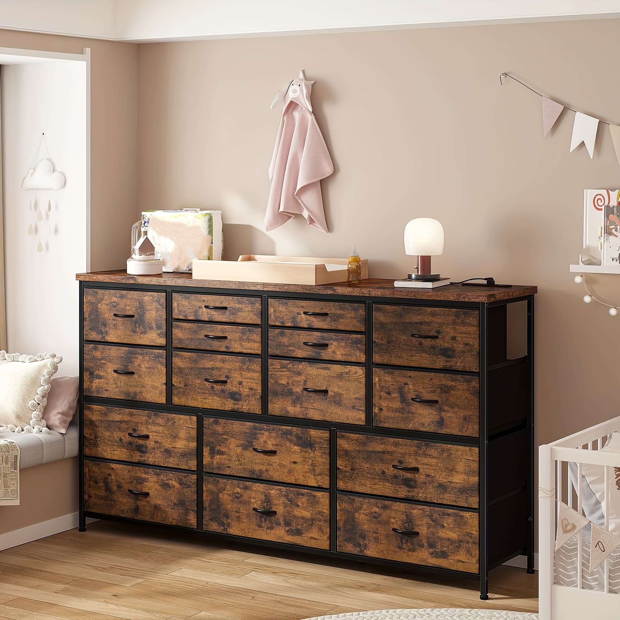 TEMU Tv Stand Dresser For 60" Tv Stand With Charging Station Tv Stands For Living Room Long Dresser For Bedroom Tv Stand With 16 Drawers Storage Tv Stand For Bedroom Dresser 51.1''w*11.8''d*34.8''h