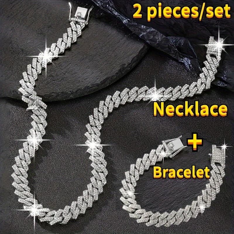 TEMU 2pcs Necklace And Bracelet Luxury Y2k Cuban Square Chain Necklace, Hip-hop Miami Neutral Necklace, Rapper Accessory, Fashionable Style Accessory