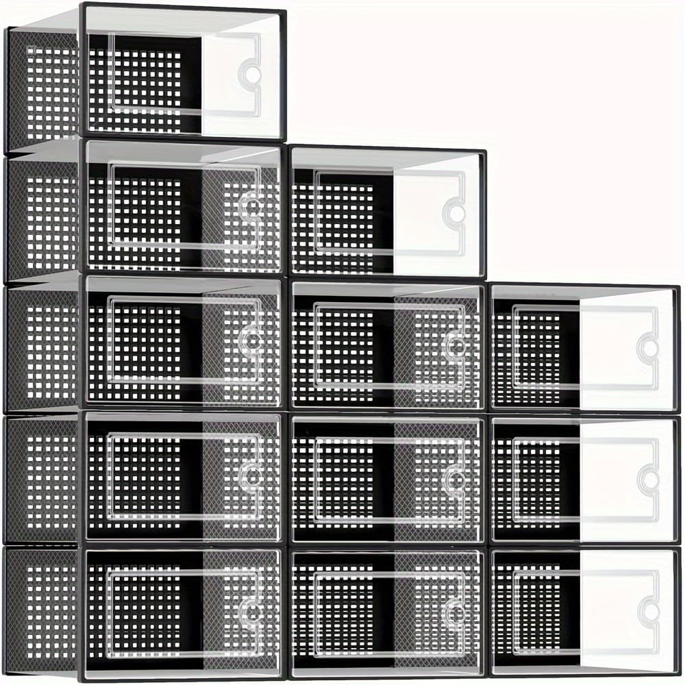 TEMU Shoe Organizer, 12/ 24pack Clear Plastic Stackable Shoe Organizer For Closet, Interlocking Design Shoe Container For Sneakers, Collapsible Shoe Rack With Lid(black, White, Gray)